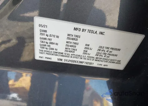 2021 Tesla Model Y Long Range Dual Motor All-Wheel Drive from USA, damaged, VIN 5YJYGDEE3MF192001